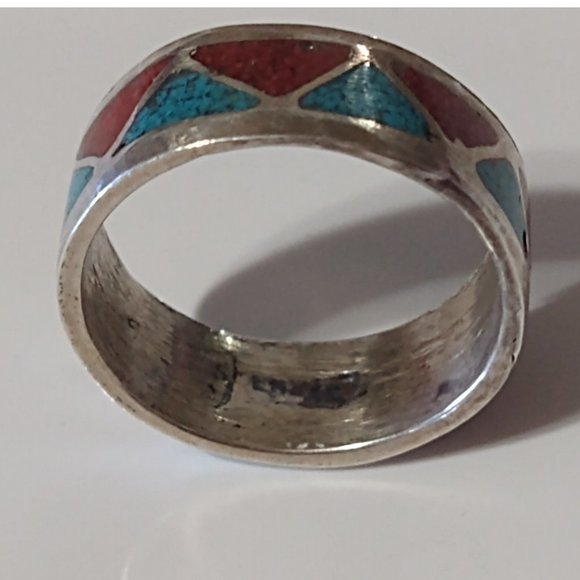 Turquoise Coral Chip Inlay Native American Sterling Silver Ring Size: 3 - Picture 5 of 10